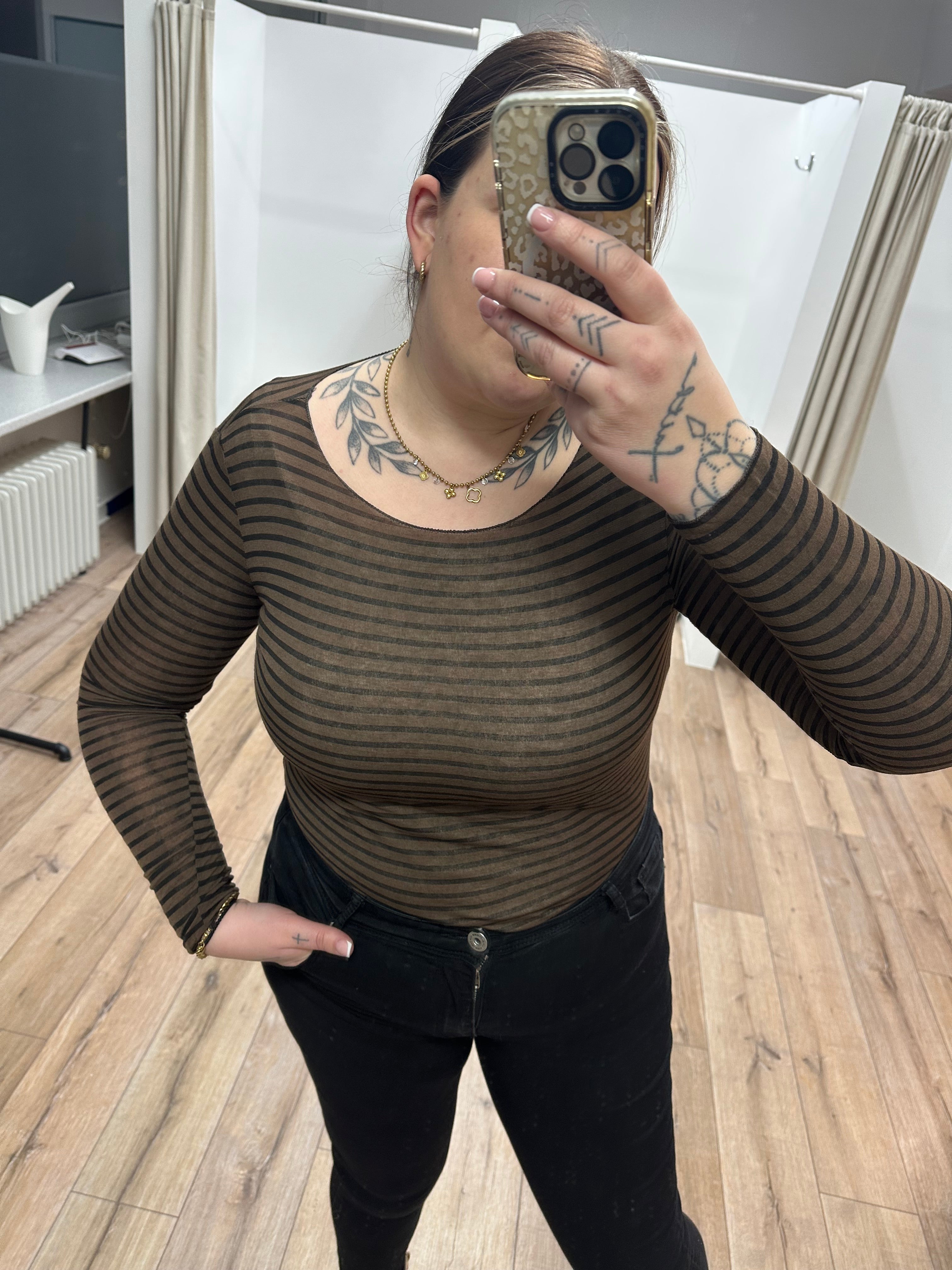 Gestreiftes Curvy mesh Langarmshirt